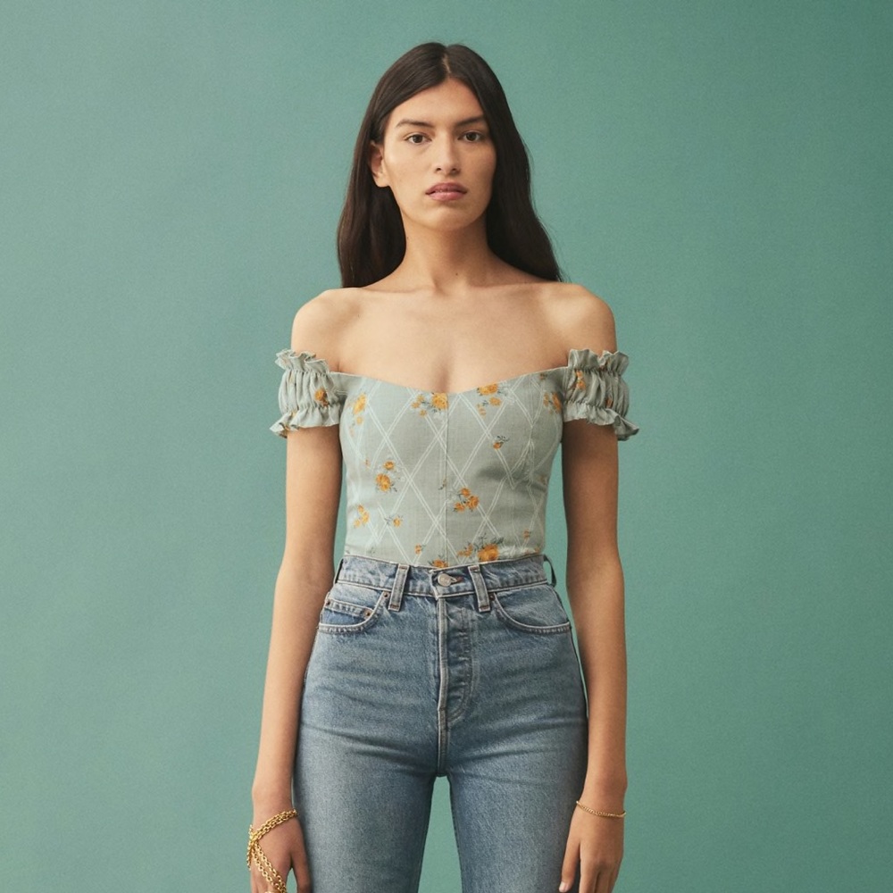 Reformation Alcove linen off shoulder top in Celia